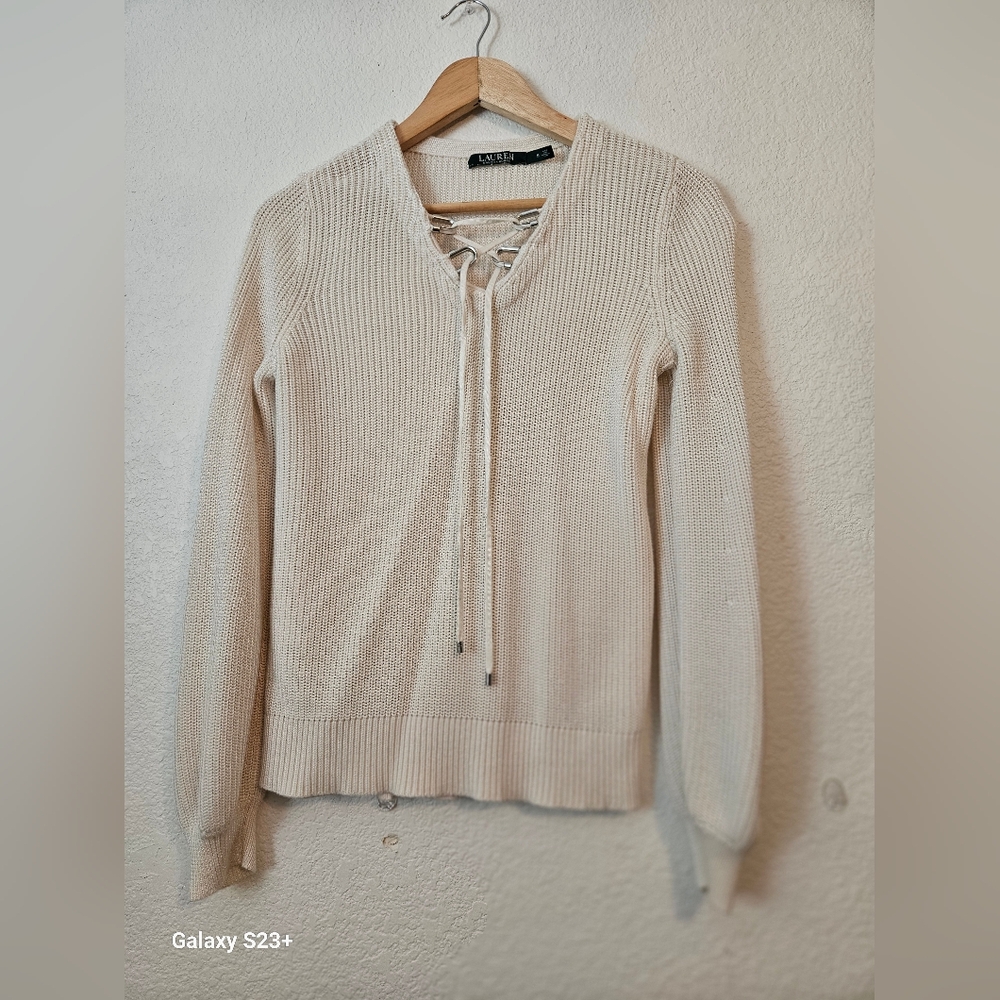 Ralph Lauren Cream V-Neck Sweater with Ribbed Knit